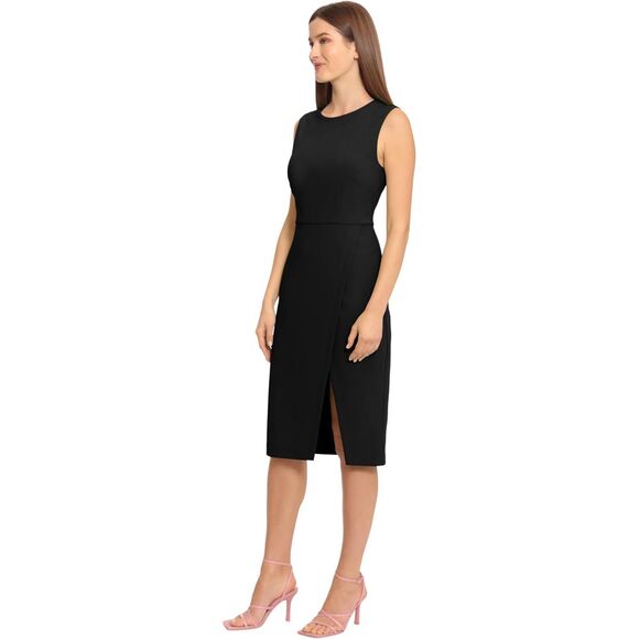 Maggy London Black Sleeveless Midi Sheath Dress Tulip Wrap Slit Work Office Sz 4 - Picture 2 of 8